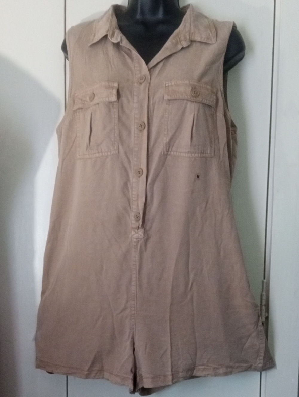 aerie Sleeveless Button Summer Shorts Romper in Taupe 100% Lyocell NWT Medium